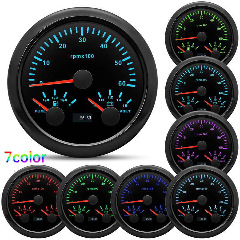 85mm Auto Car Gauge 3-in-1 Tachometer Fuel Level Voltmeter 7 Color Light Multimeter with Sensor 0-190ohm Boat/Yacht 12V