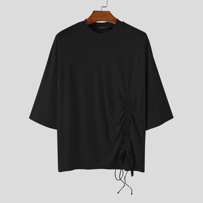 

INCERUN Oversized Mens Short Sleeve Side Drawstring Casual Rib T-shirts S чорний