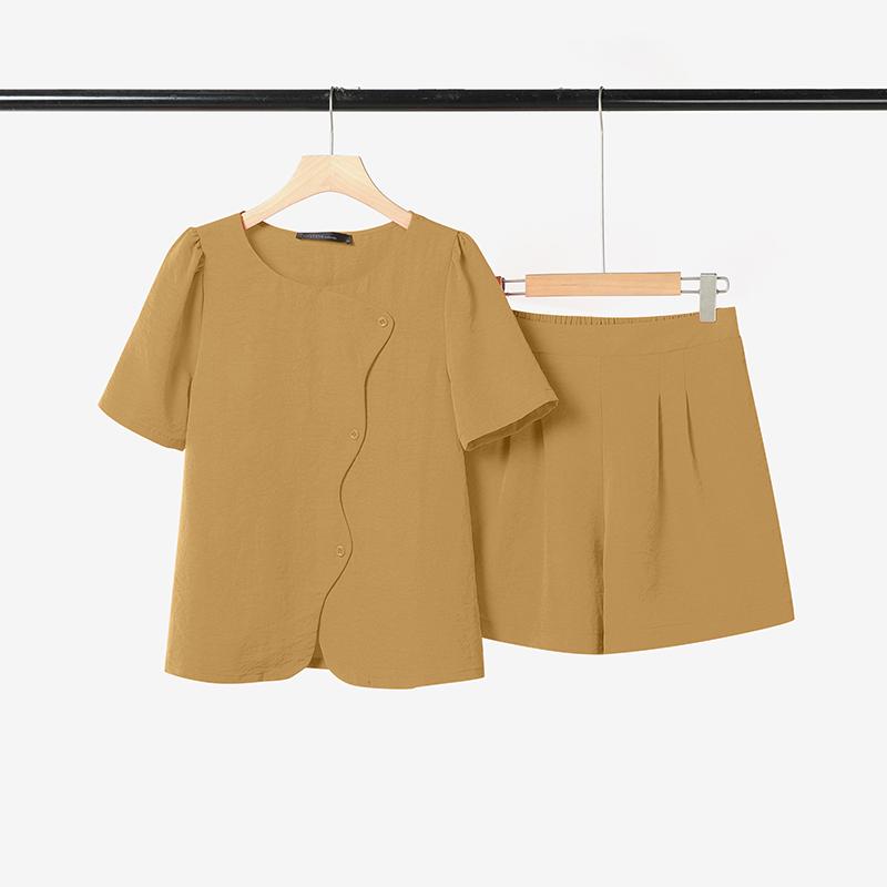 

ZANZEA Women Short Sleeve Blouse and Short Summer Two Piece Suit Sets S хакі