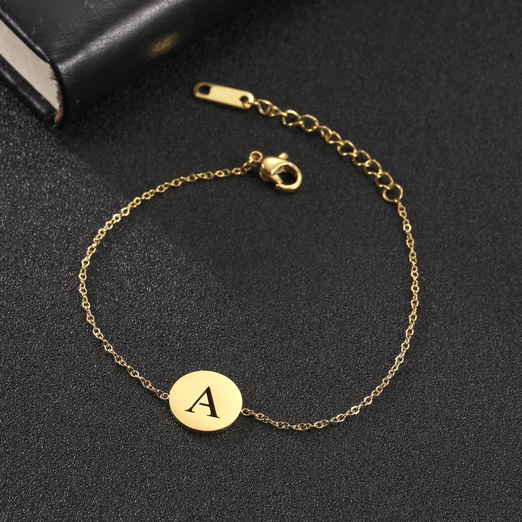 Cazador Round Pendant Initial Letter Bracelet Stainless Steel 26 Alphabet Bracelets for Women Girls Kids Baby Gold Color Jewelry