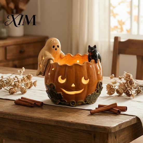 Fall Harvest Table Decor Halloween Pumpkin Candle Holder, Resin Ghost Black Cat Tea Light Candlestick for Lights Stand, Retro Distressed Decorative