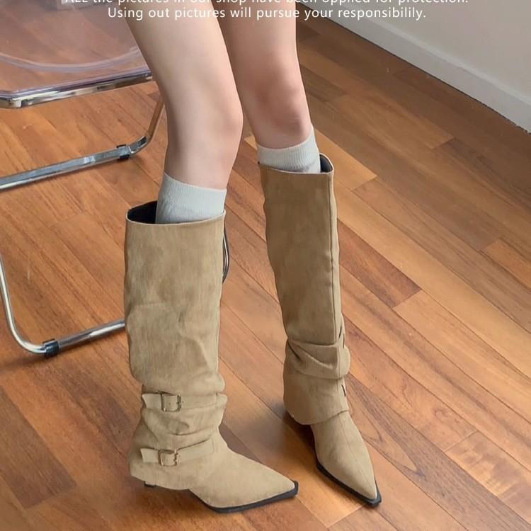 Soft leather version~ retro pointed suede belt buckle but knee trouser boots for women wear removable long stacking boots