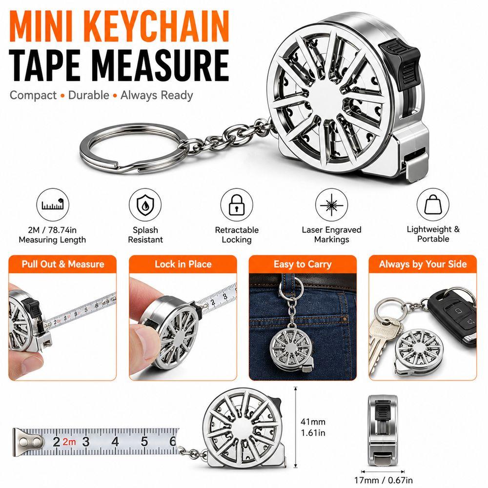 2M Keychain Tape Measure Laser Engraved Markings Stainless Steel Tape Hardware Accessories