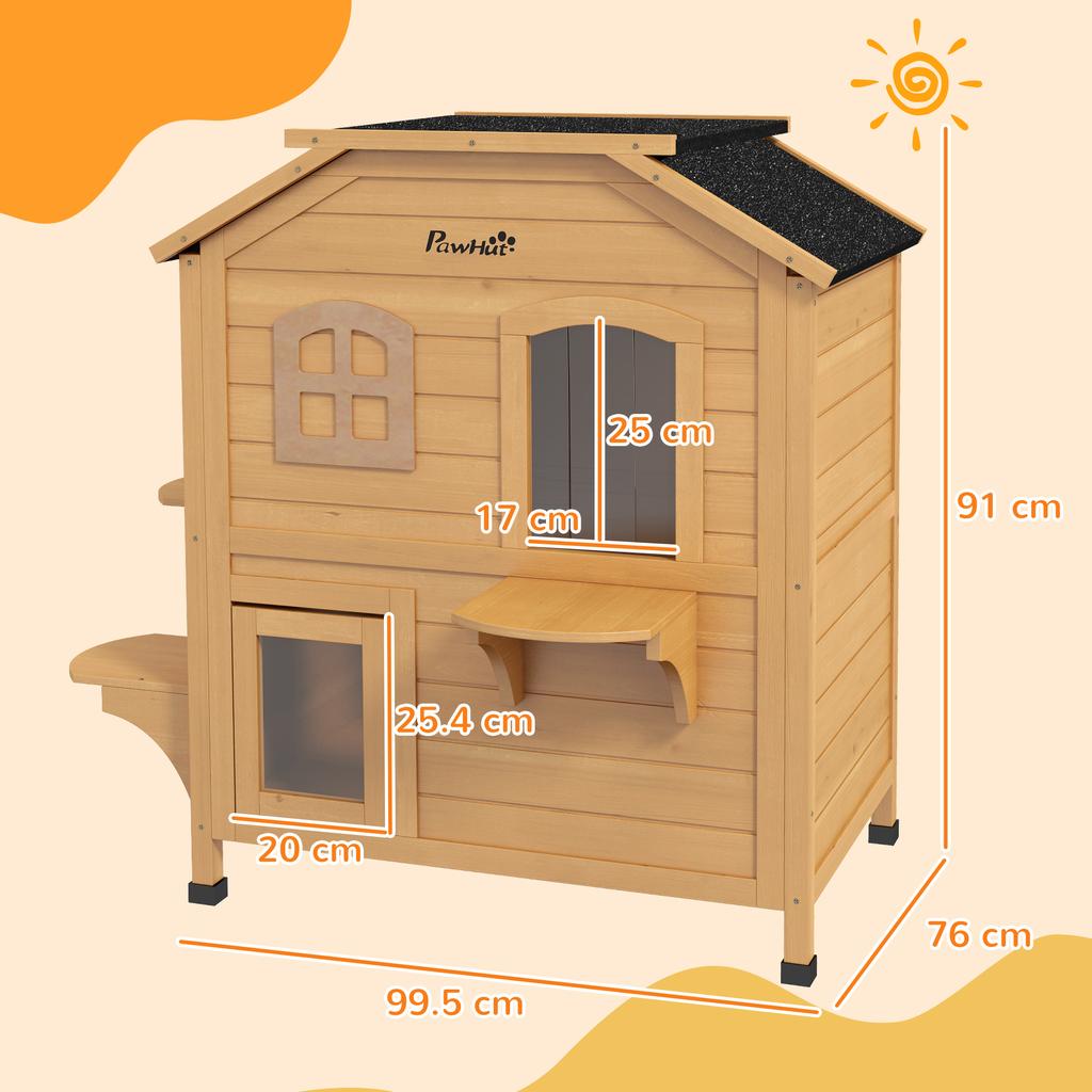 2-story Cat House Outdoor, Weatherproof Wooden Cat Enclosure for Feral Cats with Escape Door, Openable Roof, Jumping Platforms, Natural Wood Finish