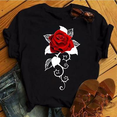 Nuove donne maglietta nera fiore rosa rossa stampa 3D top donna manica corta magliette donna estate carino graphic t-shirt abbigliamento