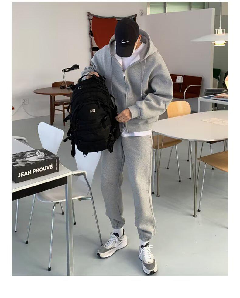 Men's Heavyweight Korean Style Loose Solid Color Hooded Cardigan with Double Zipper
