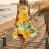 Women Sleeveless Casual Floral Print Midi Dress Round Neck Asymmetric Hem Summer Beach Dress