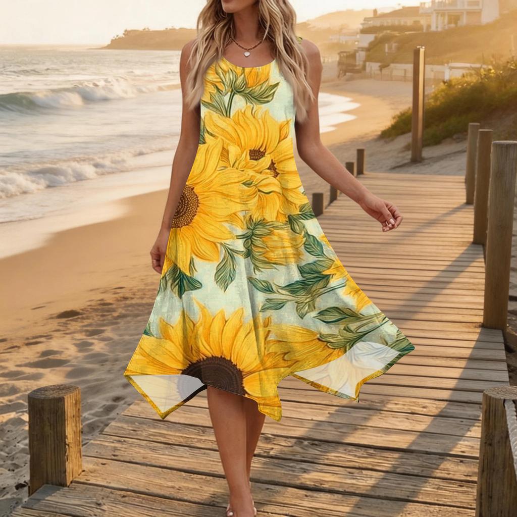 Women Sleeveless Casual Floral Print Midi Dress Round Neck Asymmetric Hem Summer Beach Dress
