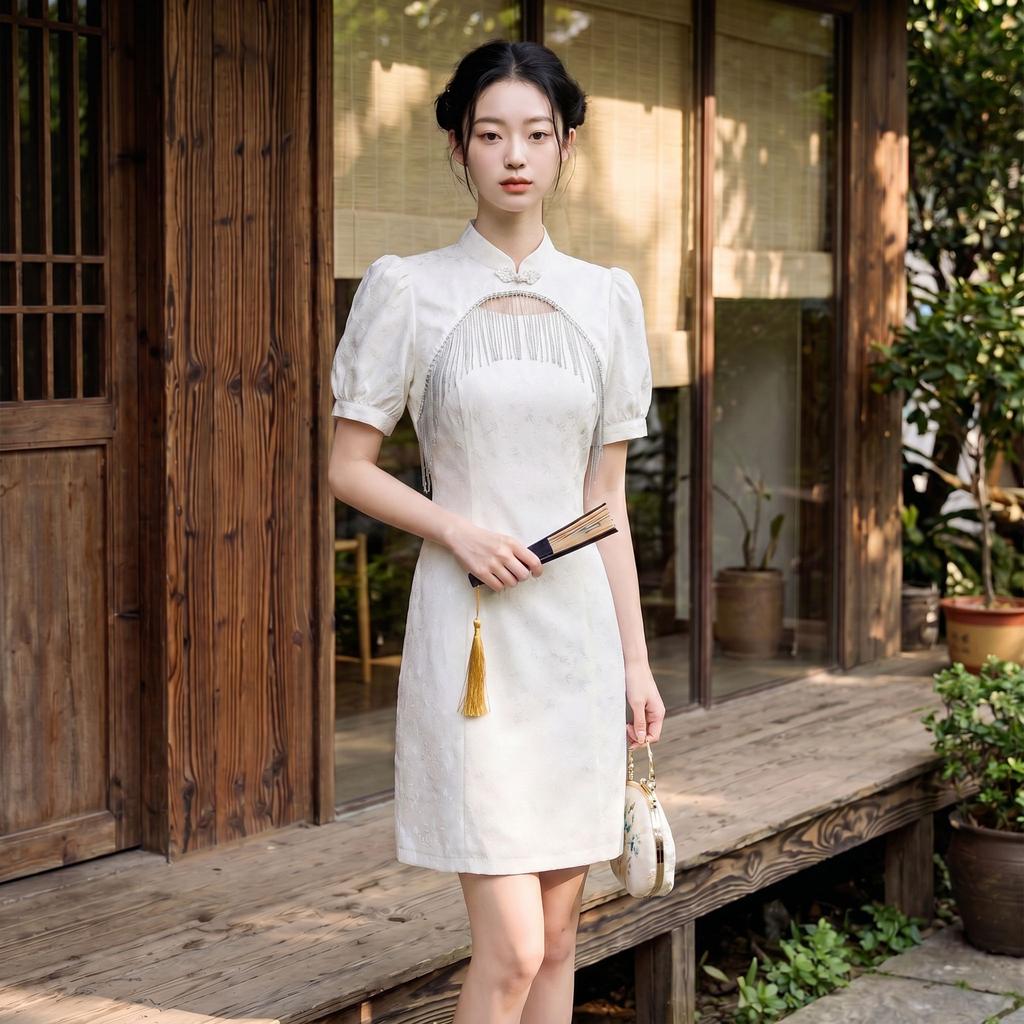 Plain white tassel sequence new Chinese style improved cheongsam dress