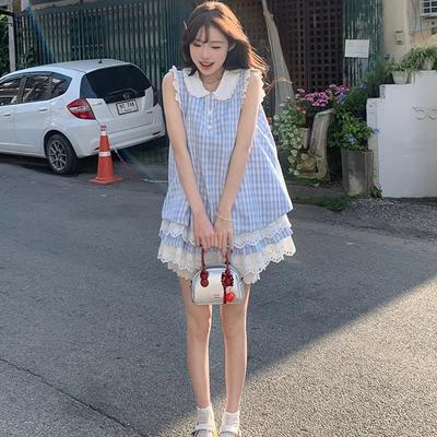 Japanese Sweet and Fresh College Style Plaid Lace Vest Splicing Dress Small Sleeveless Blue Plaid Skirt