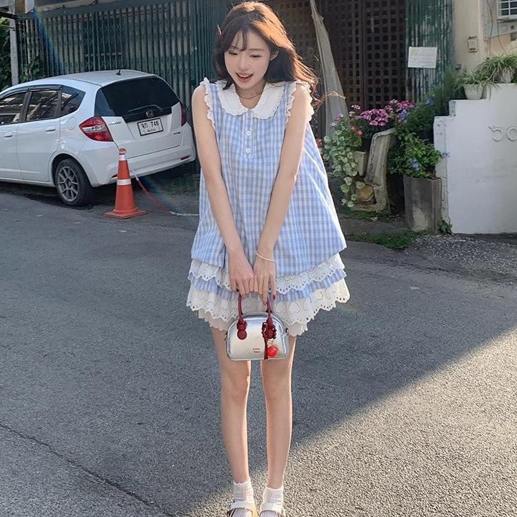 Japanese Sweet and Fresh College Style Plaid Lace Vest Splicing Dress Small Sleeveless Blue Plaid Skirt
