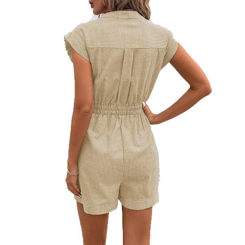 European and American Summer V-neck Single-Breasted Stripe Pocket Age-Reducing Casual Temperament Short Sleeve Jumpsuit Shorts Jumpsuits