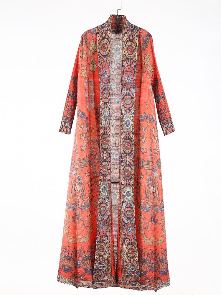 Pleated Printed Long Trench Coat for Women - 2025 Spring Lapel Loose Fit Plus Size Long Sleeve Robe