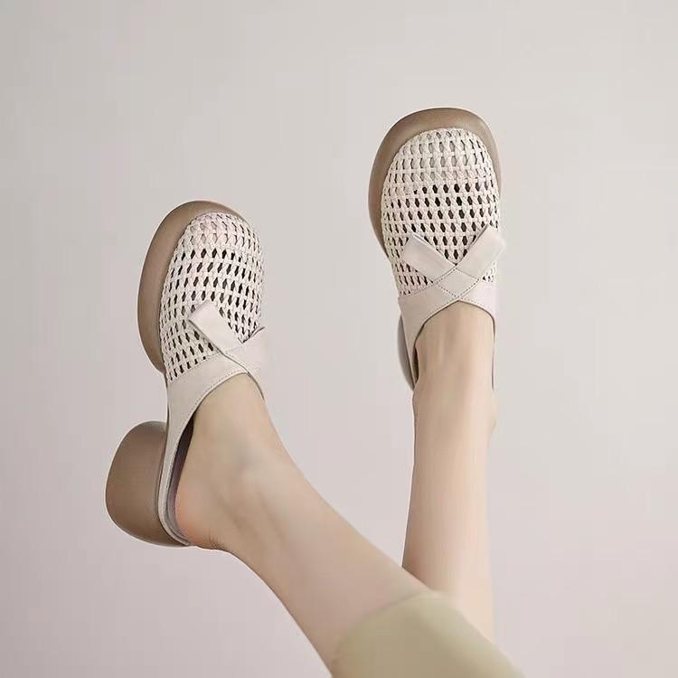 2025 summer new woven hollow thick-soled bag head rear empty slippers wear high-heeled muller shoes fashion shoes women's slippers