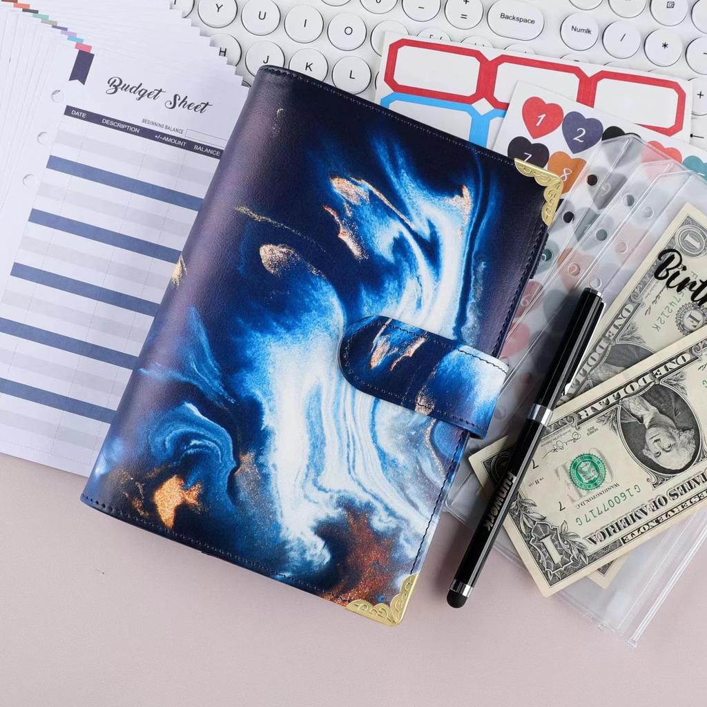 PU Ring Binder Budget Planner with Stickers - A6 Cash Envelope Notebook