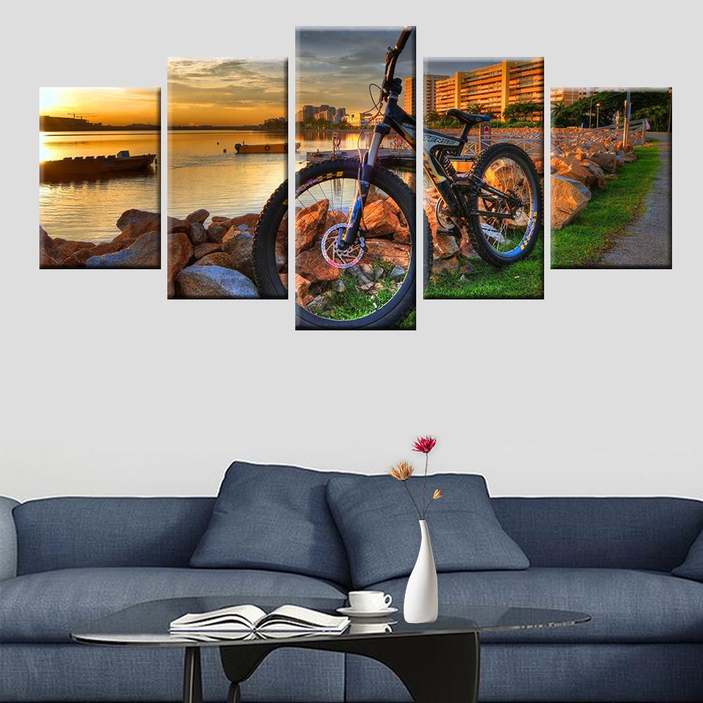 

Wall Art Canvas Painting 5 Panel Mountain Bike Racing Wall Art Bicycle Sunset Landscape Poster Living Room Bedroom Decor Picture 20X35 20X45 20X55CM