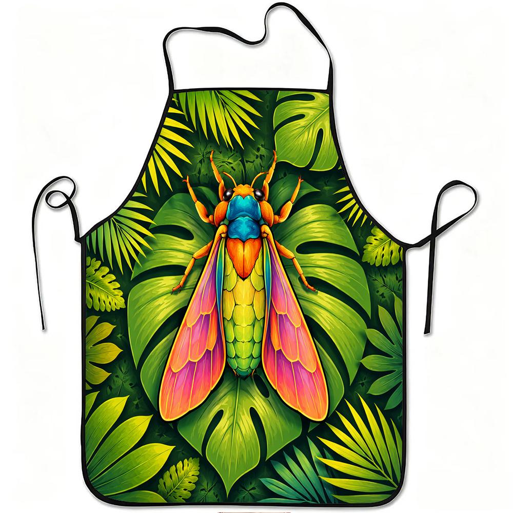 1pc 1pcs Tropical Cicada Print Apron with Adjustable Waistband & Colorful Cicada - Durable Easy-Clean Polyester Suitable for Kitchen Cooking, Gardenin