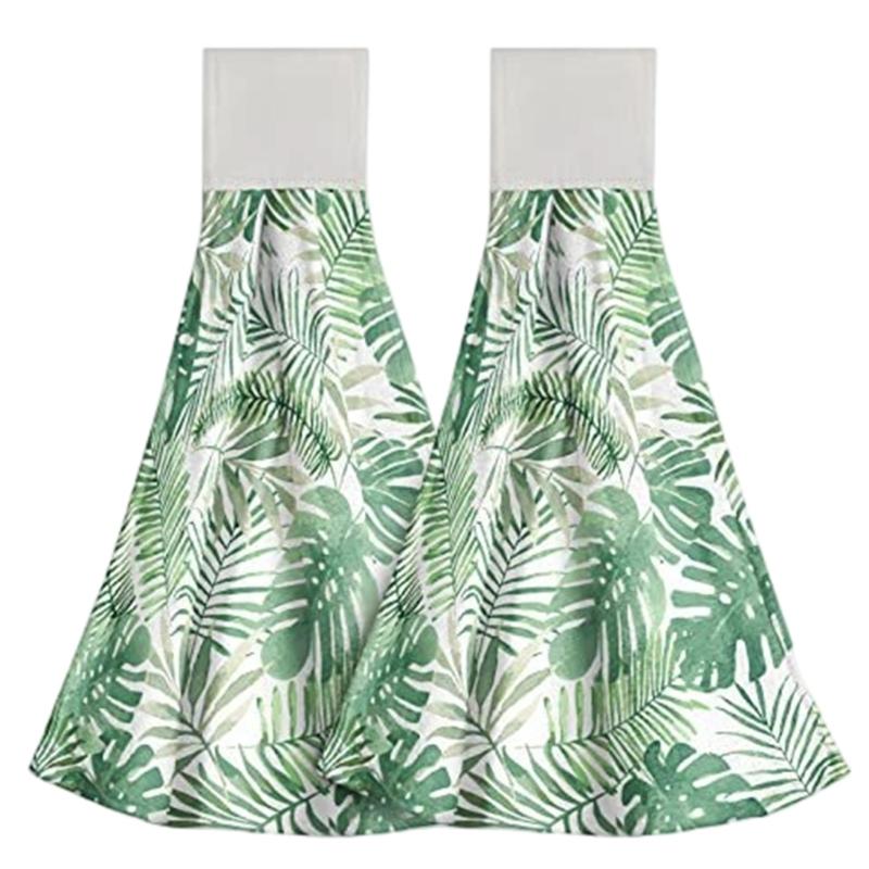 2Pcs Space Saving Hanging Hand Towels Quick Dry Absorbent Leaf Pattern Kitchen Tie Towel Dish Cloth with Hanging Loop