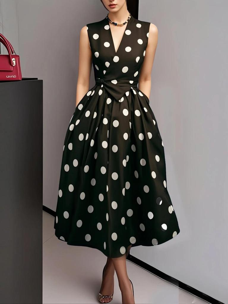 Hepburn Style Retro Sleeveless Polka Dot Evening Dress with Large Hem
