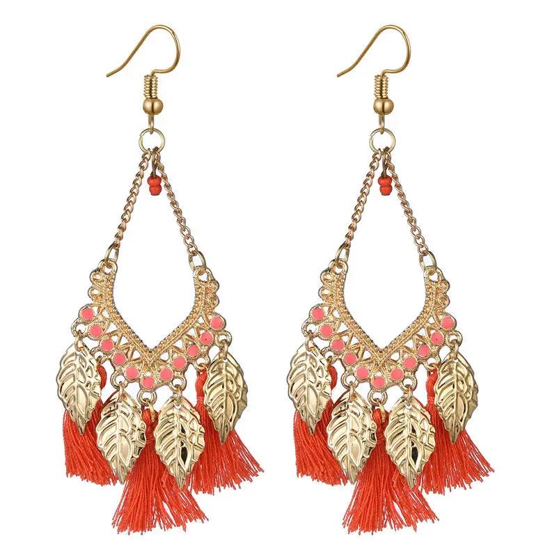 Ethnic Fan-shaped Tassel Dangle Earrings For Women Bohemian Gold Color Leaf Silk Fabric Drop Earring Female Party Jewelry