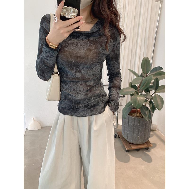 

Spring Autumn Vintage Printing Pile Collar T-shirt Women Long Sleeve Irregular Bottomed Mesh Tee Top Pullovers onesize