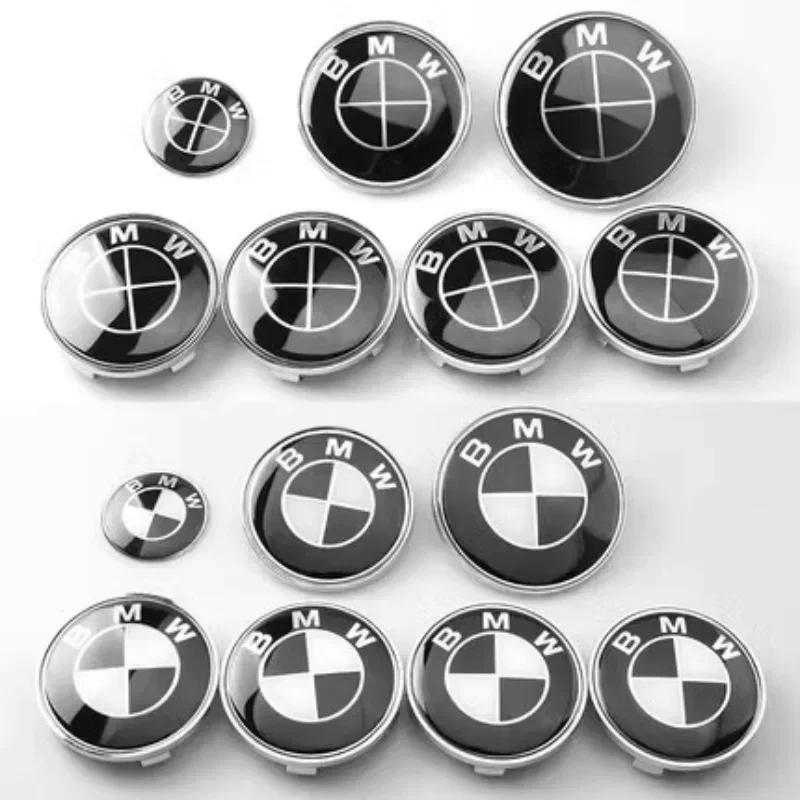 New Front Hood Emblem For BMW Race track black white Logo 81mm+Rear Badge 74mm+Wheel Hub Cap 68mm+56mm Steering Wheel Stick