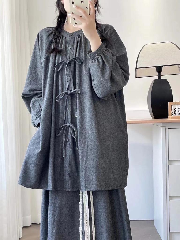 Johnature Japanese Forest Bow Tie Cotton Midi Shirt Women Spring Autumn Casual Loose Balloon Sleeve Tops