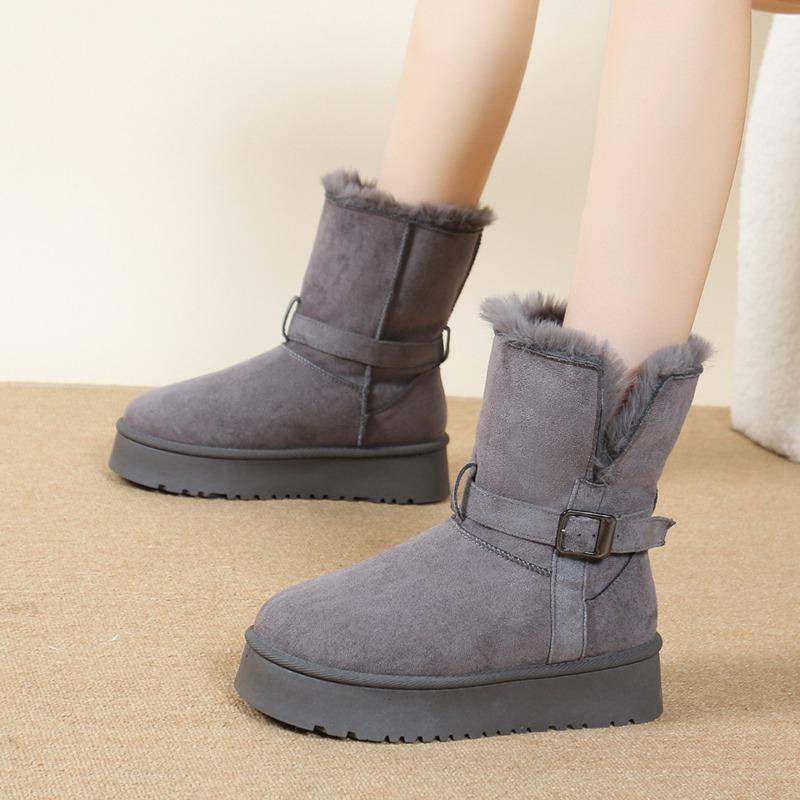 Thick-soled two-wearing medium tube snow boots women's winter new fur integrated fluff cotton boots piled and piled cotton shoes