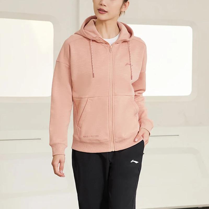 Li Ning Fitness Series Casual Fleece Loose Hooded Cardigan Sweatshirt Women Sweatshirt Sugar-Coffee AWDR884-2