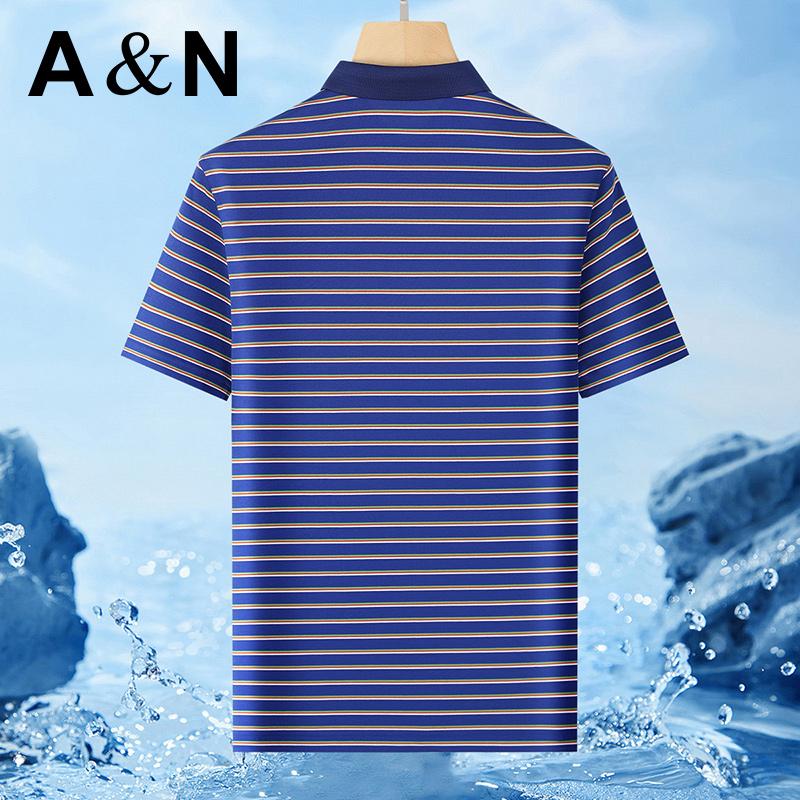 Summer Thin Striped Short Sleeved T-shirt Made of Mulberry Silk and Long Staple Cotton, Men's Knitted Breathable Polo Shirt