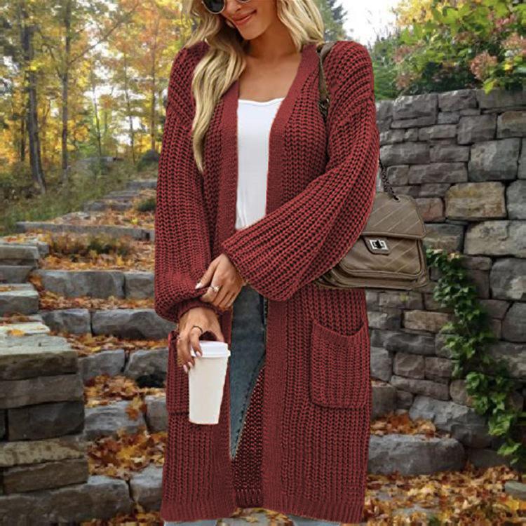 Solid Color Women's Knitted Mid-length Cardigan with Pockets