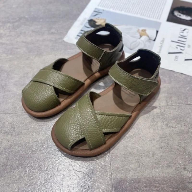 Fashion Women's Sandals 2025 New Comfortable Soft Leather Thick Bottom Roman Sandals Girls Preppy Summer Breathable Casual Flat Shoes