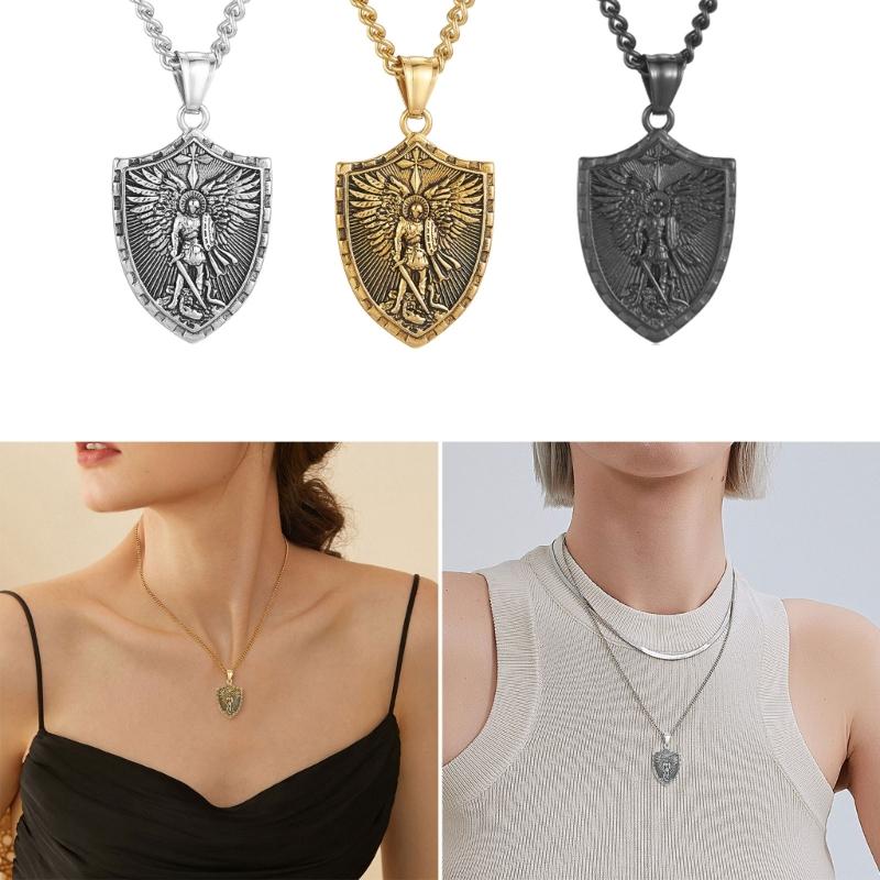 Stainless Steel Pendant Necklace Punk Style Archangel Necklace Stainless Steel Angel Shield Pendant Neck Jewelry