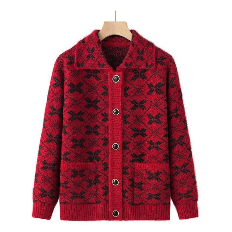 

Жіночий светр-кардиган з довгим рукавом на ґудзиках, з геометричним графічним принтом та контрастним лацканом XL червоний