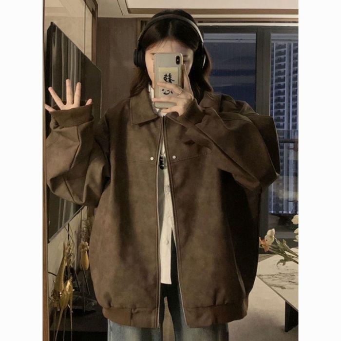 

American retro brown lapel coat women s spring and autumn new leather jacket couple jacket motorcycle top S