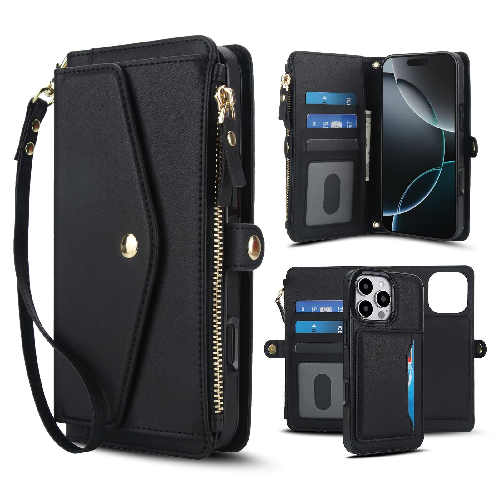 

For iPhone 16 Pro Wallet Case Magnetic Detachable PU Leather Phone Cover with 2 Straps A