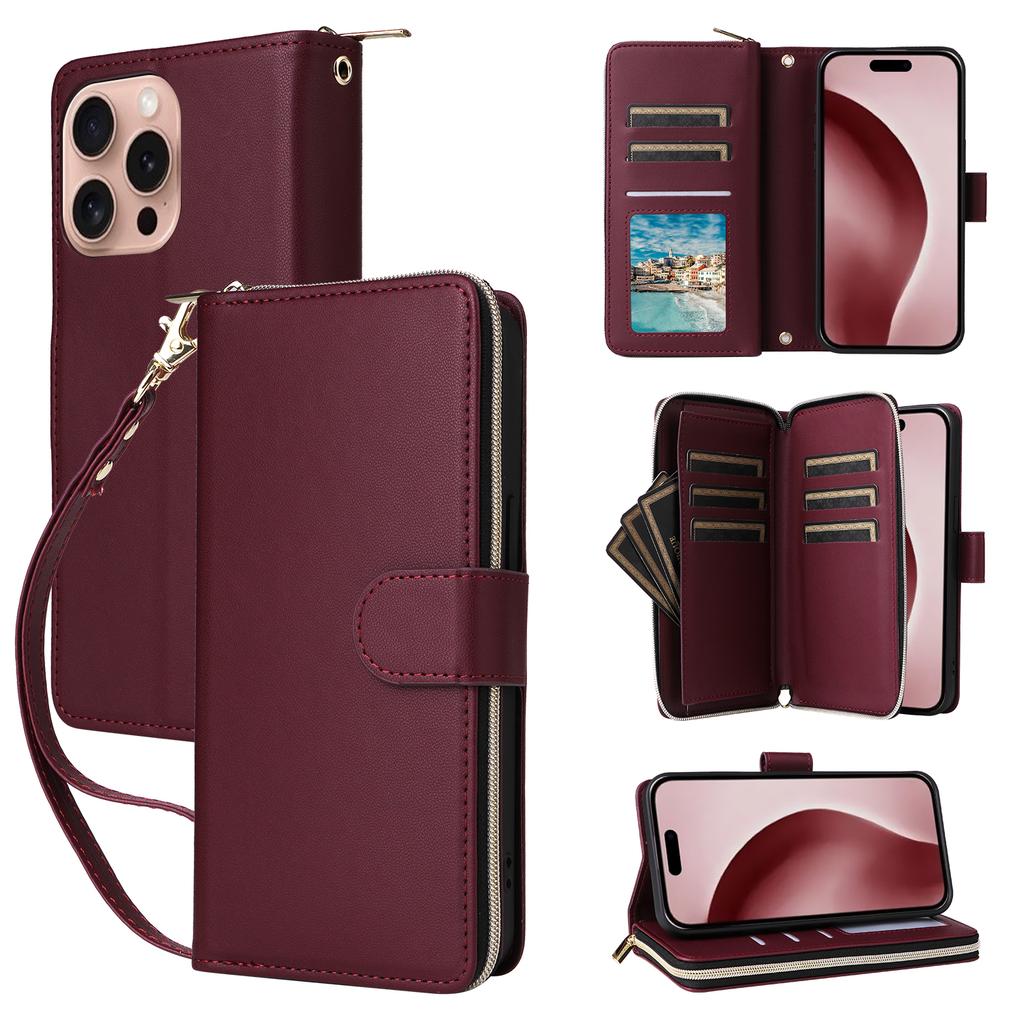 R20 For iPhone 16 Pro Max Case Zipper PU Leather Phone Cover with 9 Card Slots