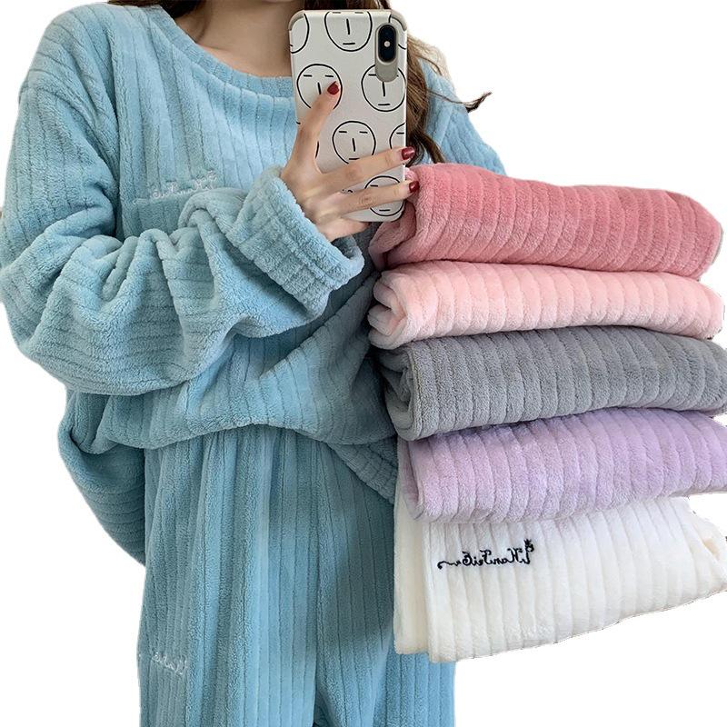 Women's Striped Flannel Pajama Set - Cozy Two-Piece Coral Fleece Home Wear for Autumn and Winter