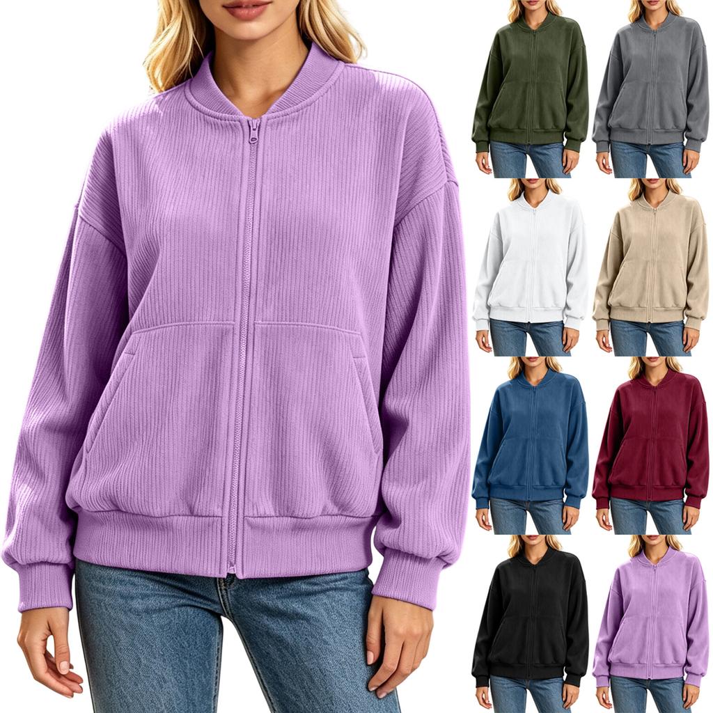 Women's Color Round Neck Long Sleeve Zip Pocket Jacket Loose Fit Casual