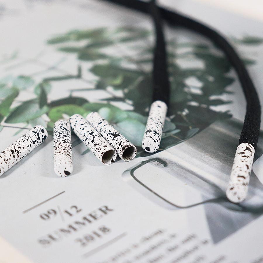 Flat Top Bell Shape Metal Aglet, White Electroplating With Black Dots, Shoelace Cord End Tip Decoration, Custom OEM Service