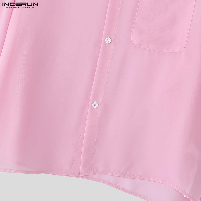 INCERUN Oversized Men Lapel Neck Drop Shoulder Long Sleeve See Through Mesh Shirts Tops