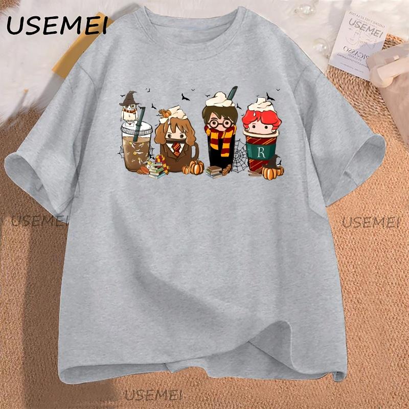 Cute Coffee Characters TShirt Women Men Aesthetic Tee Pumpkin Fall T Shirt Cotton Short Sleeve  Aesthetic High Quality Tees
