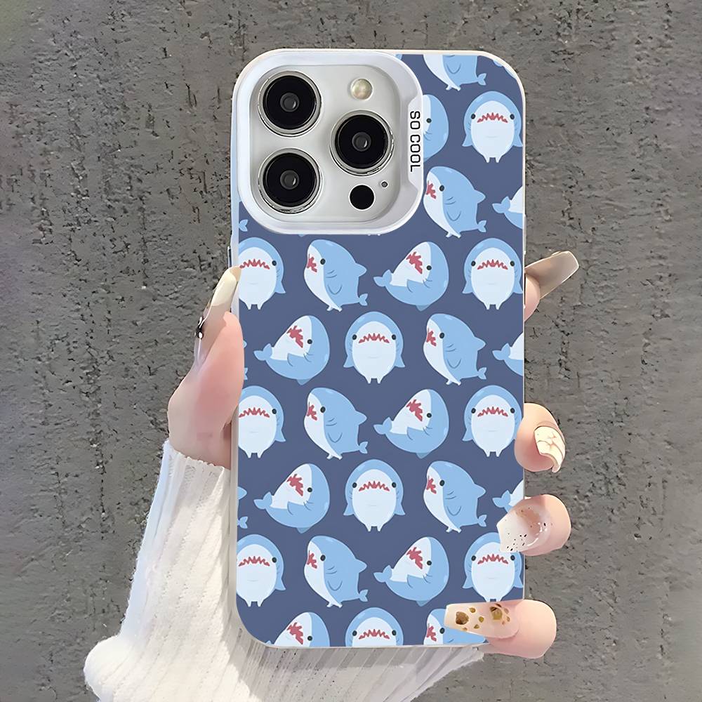 Cute Cartoon Animals Shark Phone Case For iPhone 17,16,15,14,13,12,11,Pro,XS,Max,Plus,Mini,SE White Candy Matte Shockproof Cover