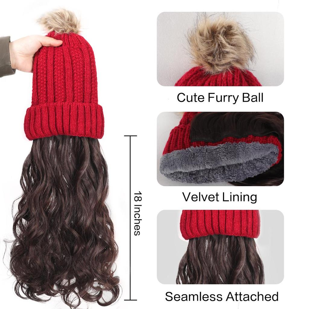 Red Hat Wig for Women Knitted Warm Wavy Curly Long Hat Wig Synthetic Natural Fake Hair