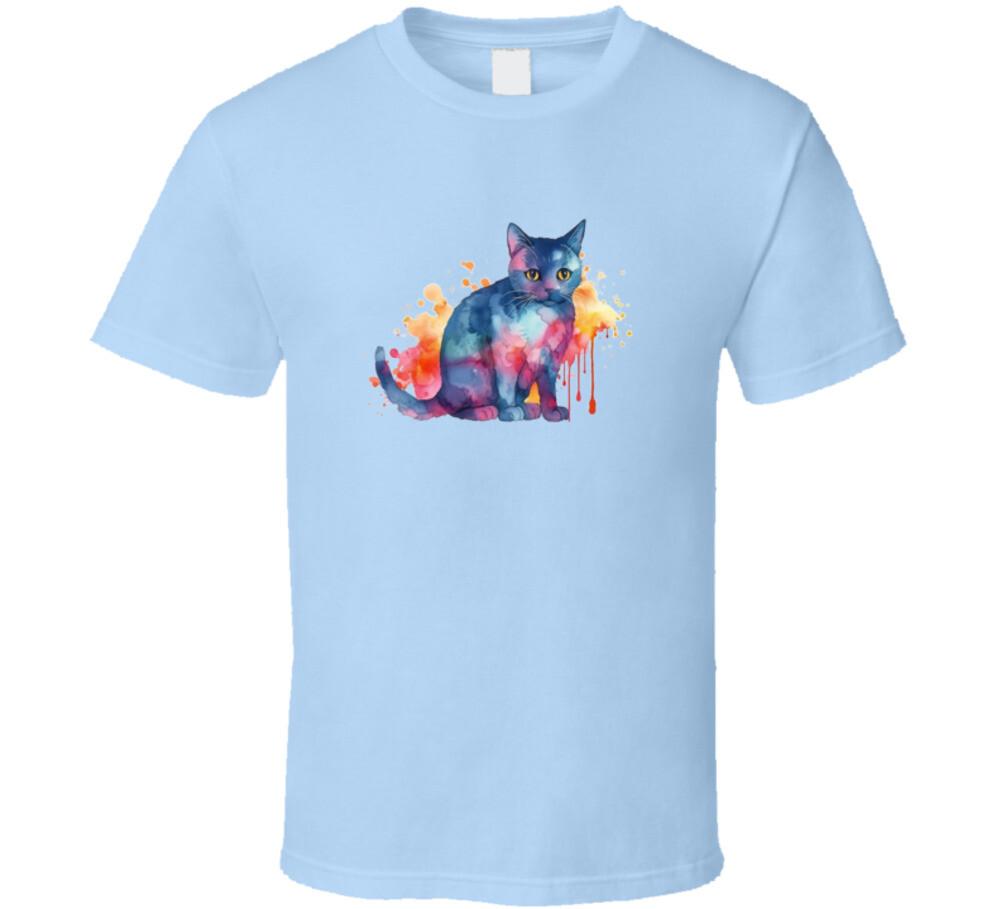 New Cat Watercolor Tee Colorful Darker Kitty Lover TShirt Feline Novelty T-Shirt M