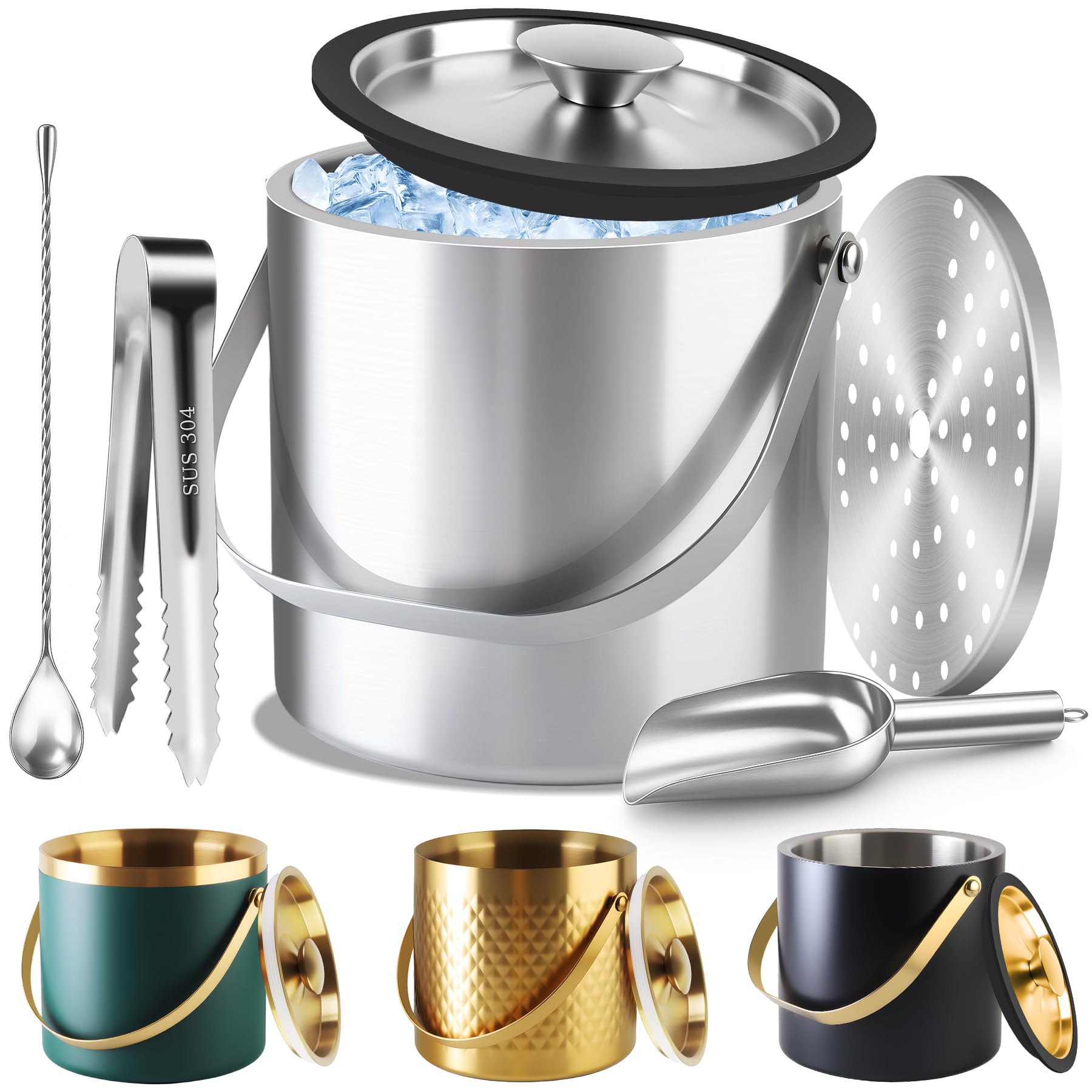 

TOSELBAI Ice Bucket with Silicone Sealing Vacuum Thick 304 Stainless Steel Ring, Double-Walled Insulated, (Silver, 3L)