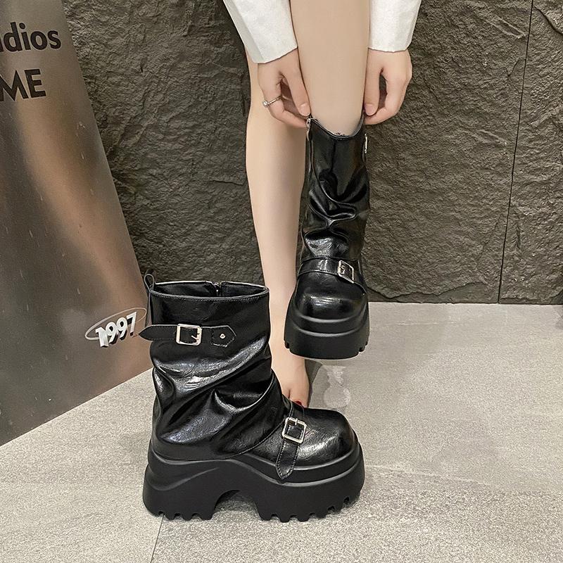 Mote Dame Skinnstøvler Nye Vinter Motorsykkelstøvler 9.5CM Kilehæler Høy Plattform Chunky Sko Kvinne Høst Tykk Såle Punk Støvler