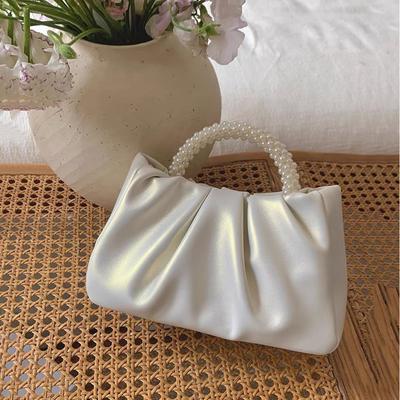Women's Ruched Leather Bag Luxury Pearl Bags Wedding Clutch for Party Ball Crossbody Bags