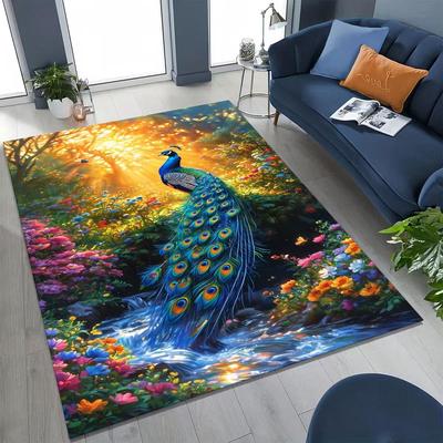 3D Bunter Pfau Romantische Vögel Teppich für Schlafzimmer Wohnzimmer Sofa Heim Fußmatte Dekor, Größere Kinder Spiel Anti-Rutsch Bodenmatte