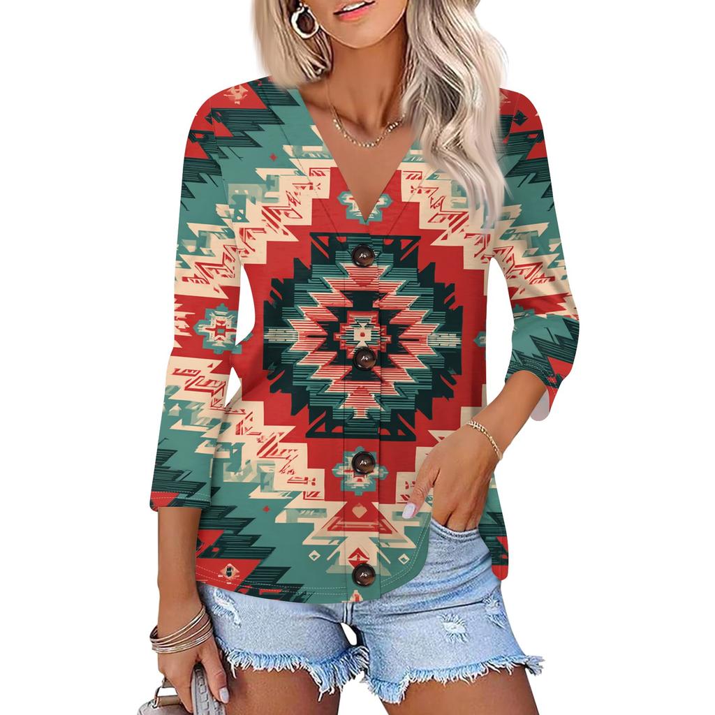 Women's Casual Fashion Floral Print Three-quarter Sleeve Button Cardigan Top